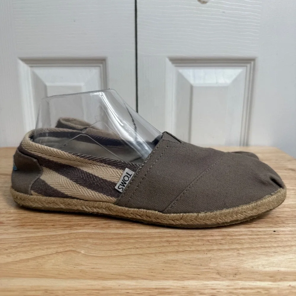 TOMS Alpargata Slip On Shoes 8 Taupe Striped Canvas Boho Espadrille Flat
